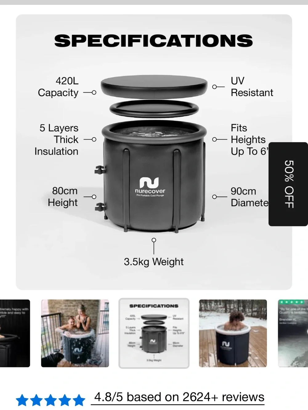 Nurecover Portable Ice Bath Tub - Black